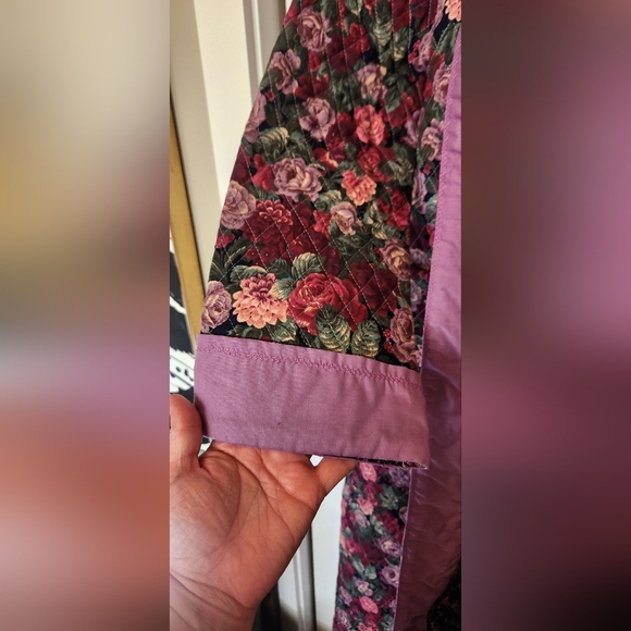 Home Made Repurposed Quilt Quilted Long Jacket Coat Floral Purple Trim Large - Picture 2 of 7